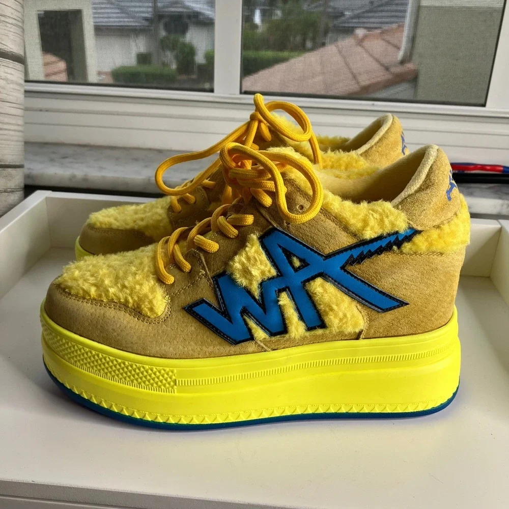 AW Quince 01 Yellow‎ Suede Fur Platform Wedge Sneakers Women's Size 8